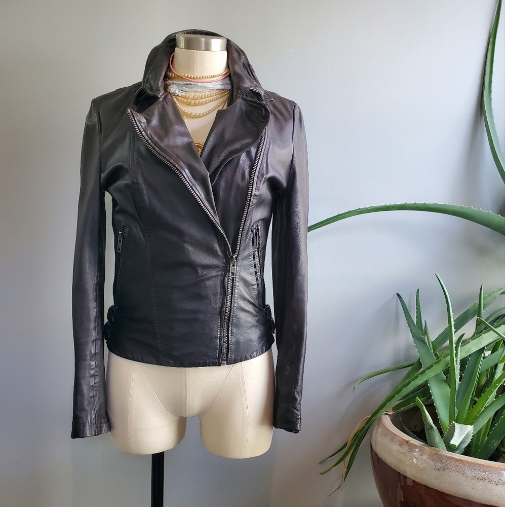 Muubaa Chocolate Brown Leather Biker Jacket